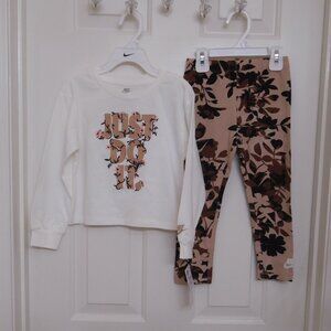NWT 2pc Nike White Brown Floral Logo Top & Print Leggings Set sz 4t
